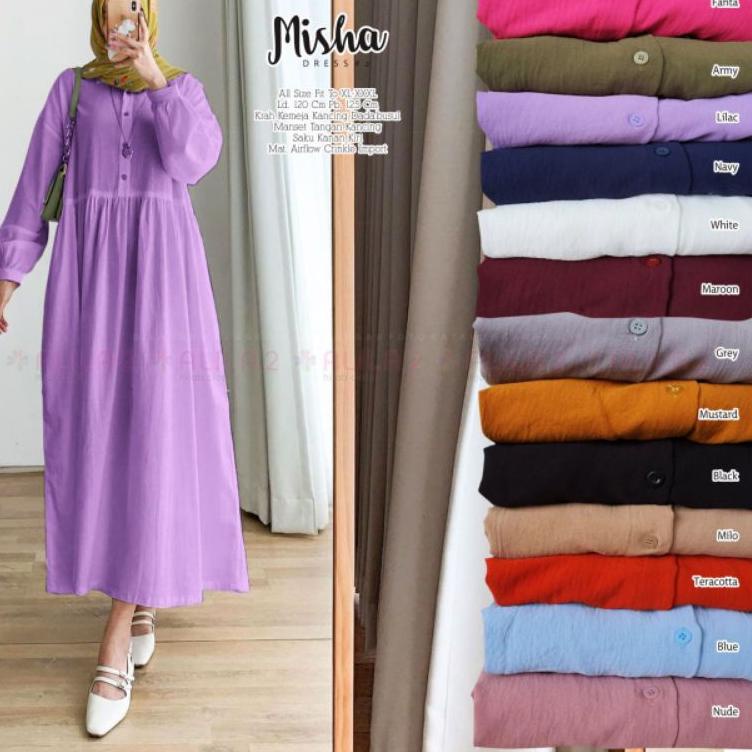 MISHA DRESS MIDI ALILA / MISHA 1 2 MIDI DRESS KATUN LINEN CRINKLE IMPORT LD120 JUMBO LONGTUNIK GAMIS