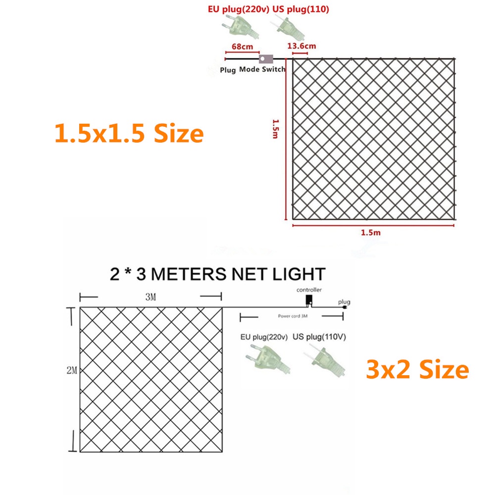 LED Mesh Tirai Mesh Fairy String Lampu Natal 3x2 m 200led Pesta Pernikahan Garland Dekorasi Taman Luar Ruangan