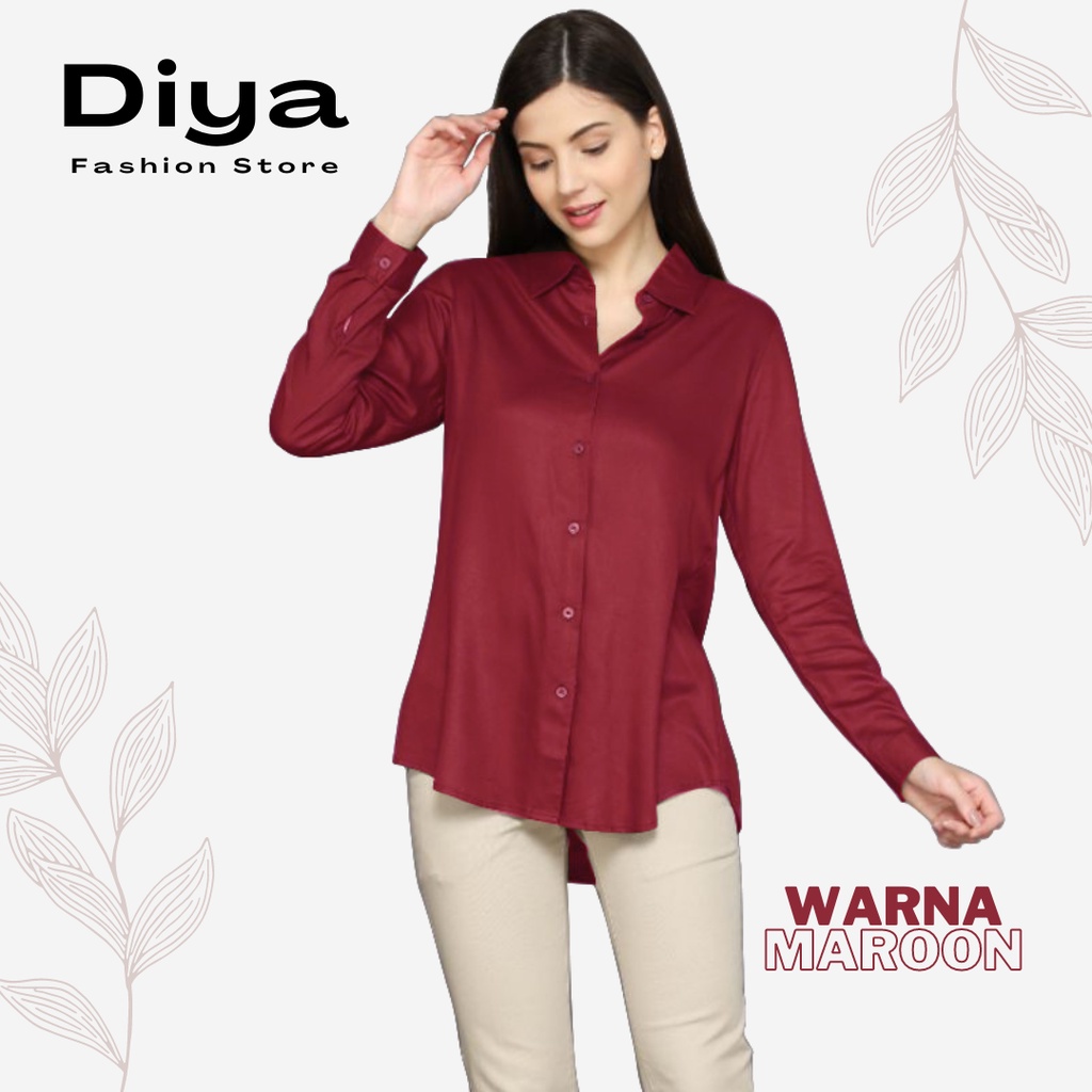 DiyaFashion Blouse Kemeja Wanita Korean Style Lengan Panjang Army Polos-MAROON