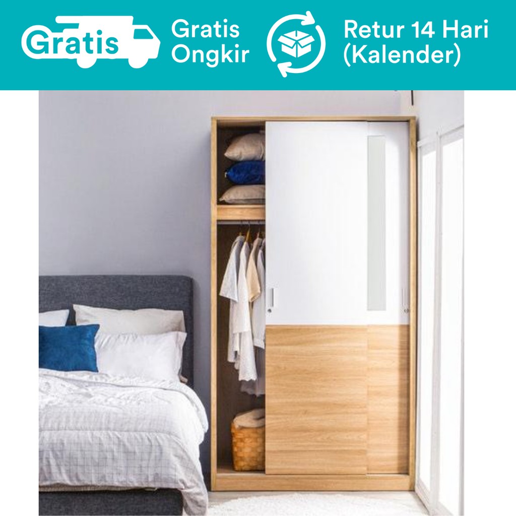 Dekoruma Sano Lemari Pakaian 2 Pintu Sliding Door Minimalis Kayu Olahan dengan Kaca Cermin