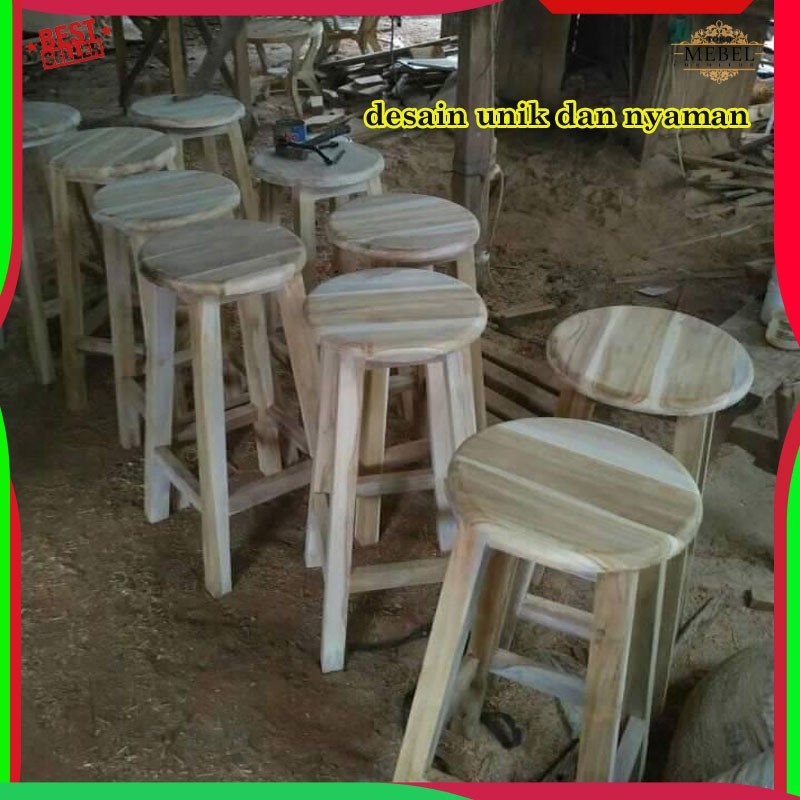 Kursi Bar Bulat Minimalis Kayu Jati Mentahan mebel jepara