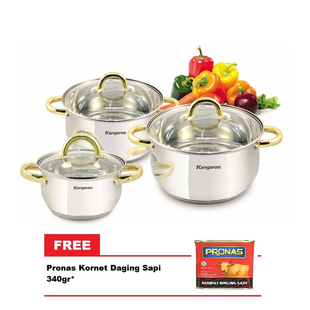 DISKON HOT KANGAROO KG-864 INOX COOKWARE SET FREE PRONAS KORNET DAGING SAPI 340GR GARANSI 100% BOS