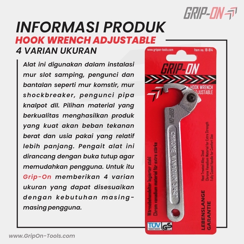 GRIP-ON HOOK WRENCH ADJUSTABLE - KUNCI KOMSTIR FLEXIBLE - KUNCI KAIT FLEKSIBEL