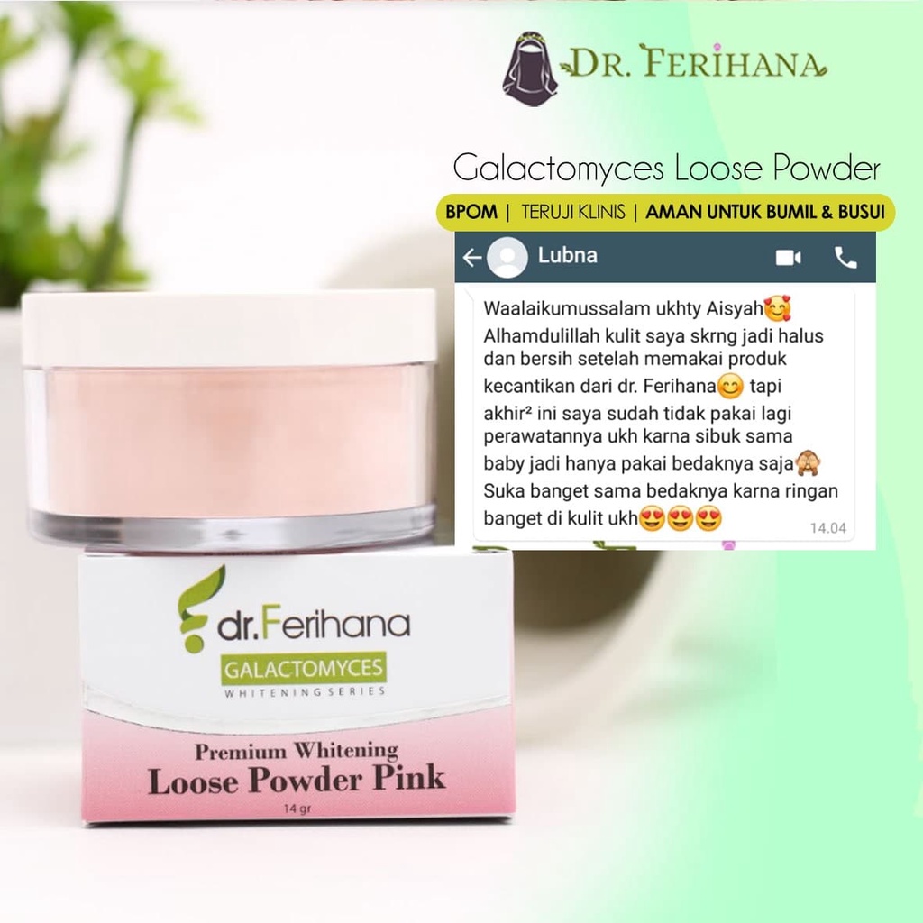 Premium Whitening Loose Powder Translucent dr. Ferihana Cosmetics &amp; Skincare Bedak Tabur dengan Teksture Lembut tidak Menutup Pori Pori cocok untuk kulit Normal Kering Berminyak Berjerawat Sensitif