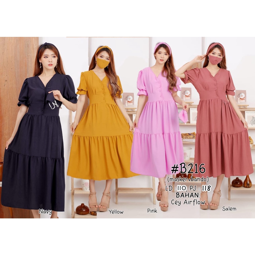 Cey Airflow Longdres Wanita Dewasa / Dress Lengan Pendek Cewek Korea Free Masker &amp; Bando