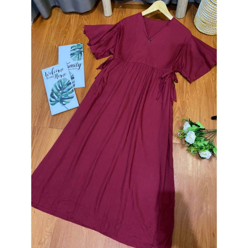 long daster kimono polos tangan lonceng | long daster cantik | long daster kimono | daster | daster kekinian | daster busui-Maroon