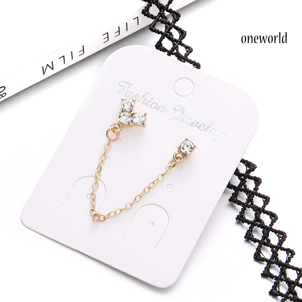 OW@ 1Pc Golden Tone Shiny Rhinestone Heart Double Ear Stud Chain Linked Earrings