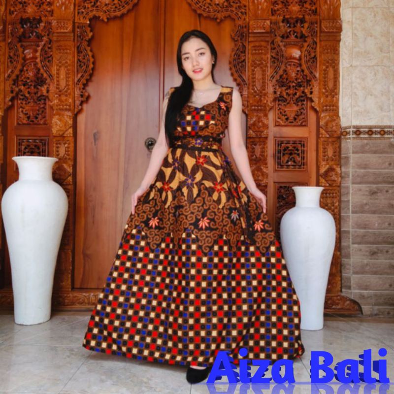 Dress Daster Panjang Puntung Motif Batik Kotak Kotak Lengan Pendek Katun Super Premium Bali Terbaru 