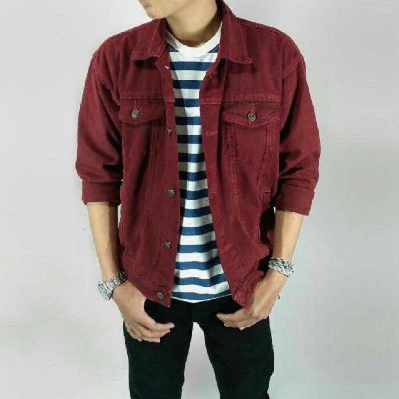 JAKET DENIM MERAH MARUN JAKET JEANS OVERSIZE JUMBO jaket pria