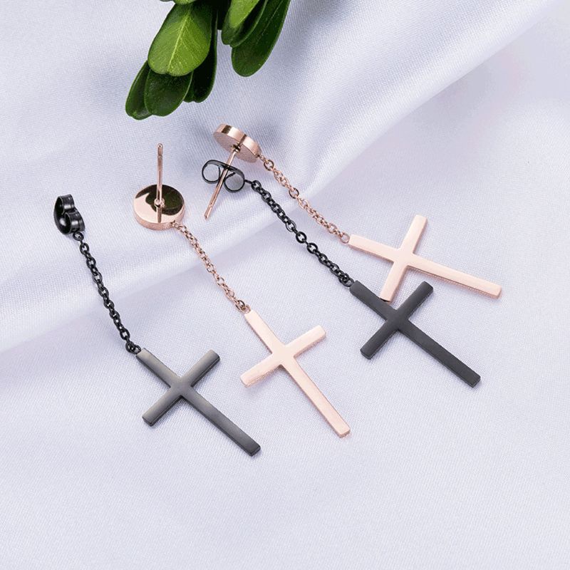 SIY  Women Double Cross Pendant Drop Earrings Stainless Steel Cross Shape Chain Dangle Earrings Fashion Jewerly