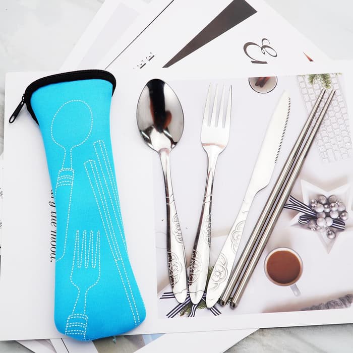 S781s Set Alat Makan Pouch Sendok Garpu Pisau Sumpit Stainless Steel Set Sendok Makan Anak Stainless Shopee Indonesia