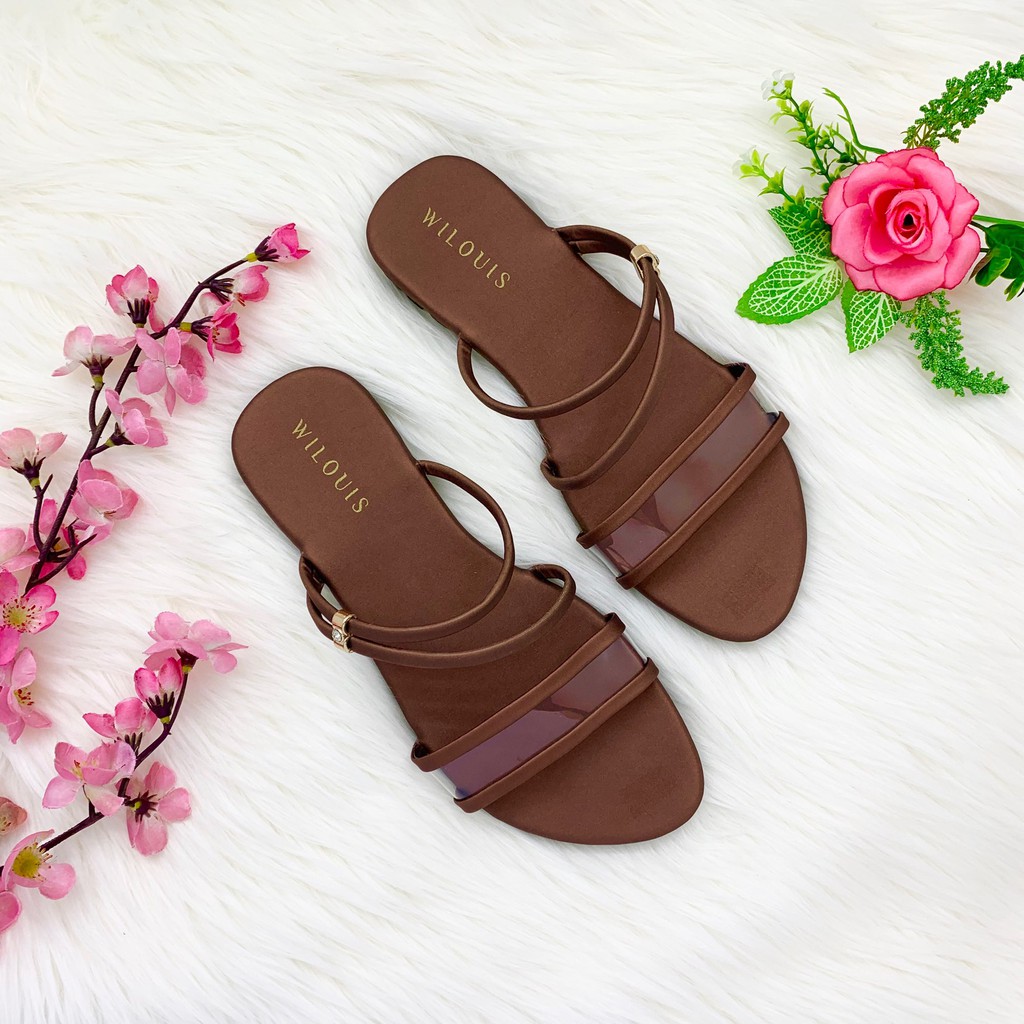 Sendal Wanita Terbaru Tali Slip Sandal Slop Kekinian Bahan Empuk Brand WILOUIS WL889-Coklat