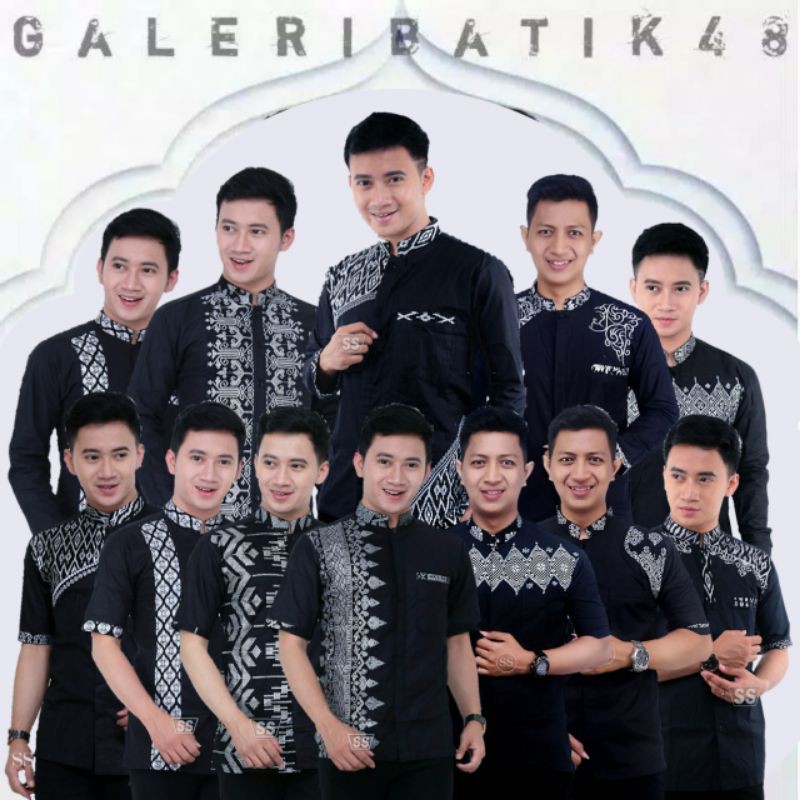 BAJU KOKO BORDIR PRIA COWOK KOMBINASI BATIK LENGAN PENDEK WARNA ABU BIRU HITAM MERAH MURAH FORMAL