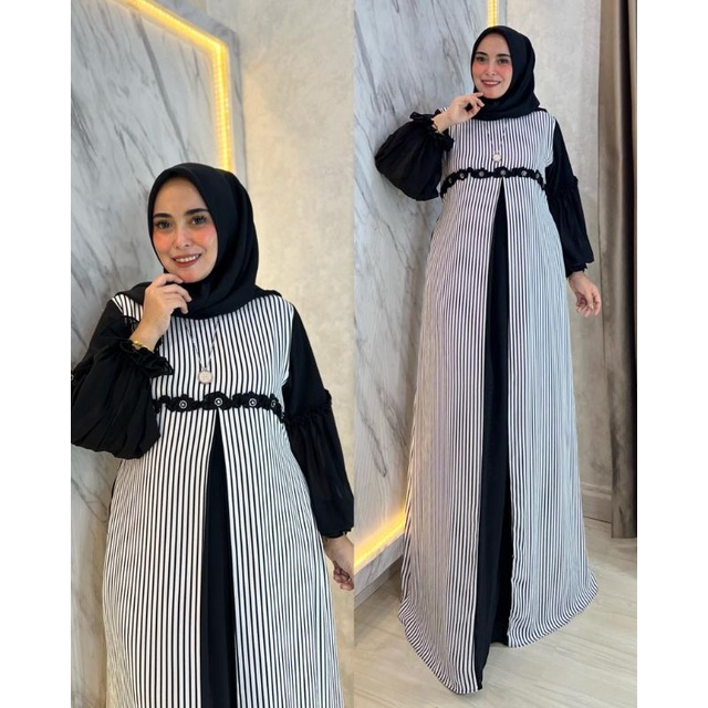 noora line gamis salur hitam /ceruty/garis garis/cod/terbaru/kualitas butik/semicardy