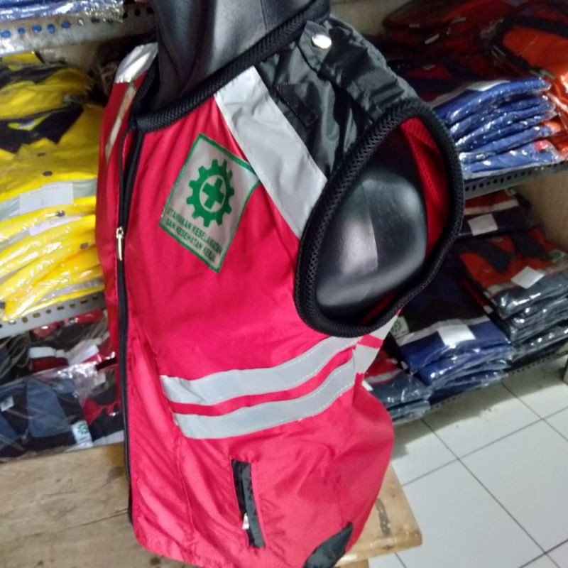 ROMPI SAFETY HSE MERAH HITAM BAHAN FULL TASLAN RESLETING FREE LOGO K3 BENDERA ZERO ACCIDENT