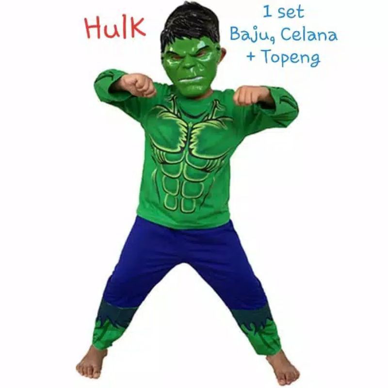 KOSTUM SETELAN HULK 2-10 TAHUN GRATIS TOPENG FREE TOPENG HULK / BAJU KAOS HULK