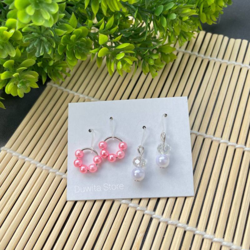 HANDMADE ANTING ANAK/DEWASA ANTING KAIT PLASTIK MOTIF MUTIARA(2PASANG)