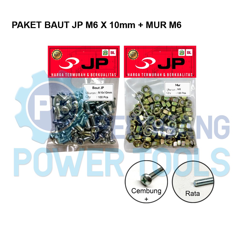 PAKET 2 SET BAUT MUR 6x10 BAUT JP M 6 x 10 MM MUR M6 SKRUP ISI 100 PCS