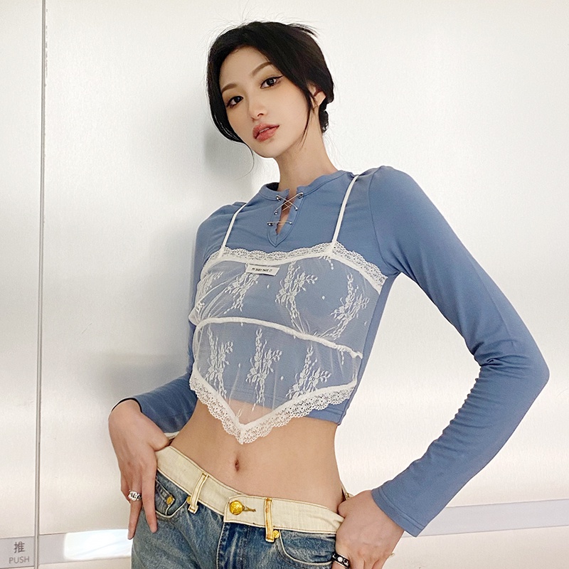 #Sisjuly# French salt girl cute lace stitching slim lengan panjang T-shirt bottoming shirt wanita