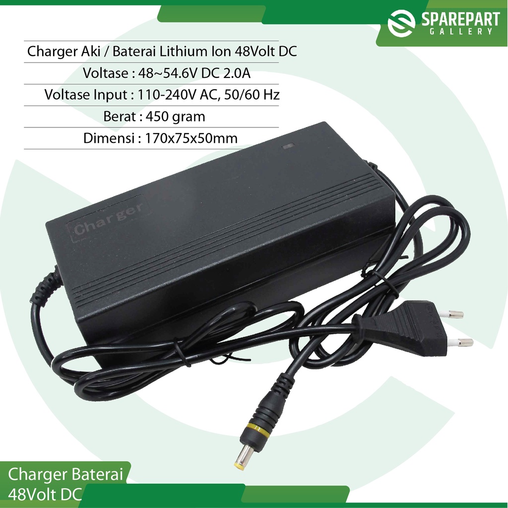 Charger Aki/Baterai Lithium ion 48V DC ujung colokan 1pin bulat