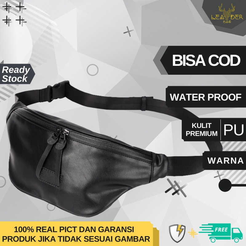 WaistBag Kulit Pria Original Atau Tas Pinggang Selempang Kulit Cowok Distro Model Terbaru Warna Hitam Import A35 LESLEYY