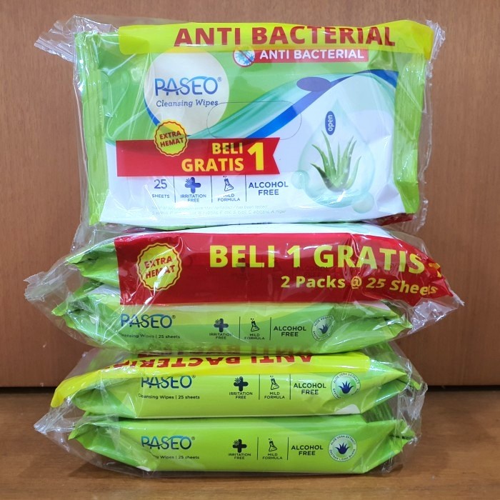 paseo cleansing wipes   tissue basah anti bacterial 25s  buy1get1free 