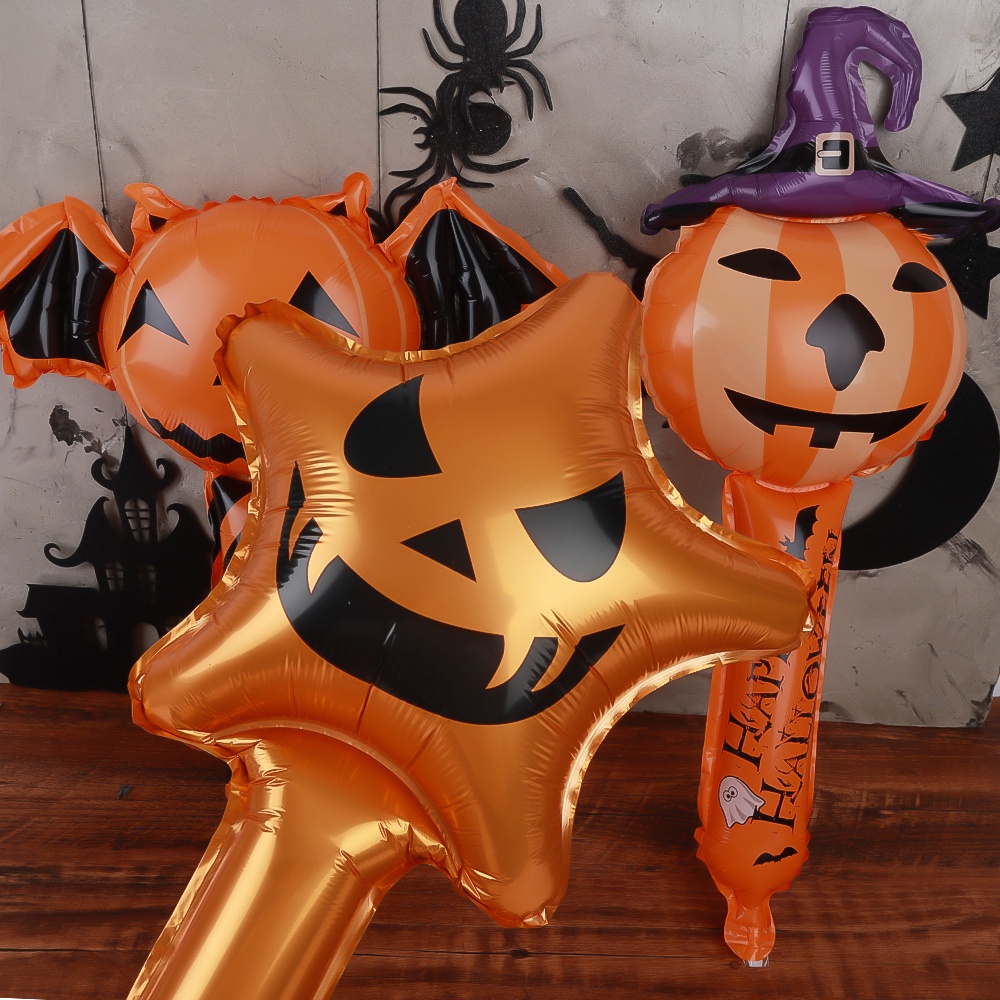 Tongkat Balon Tiup Bahan Aluminum Foil Motif Labu / Laba-Laba Untuk Dekorasi Pesta Halloween