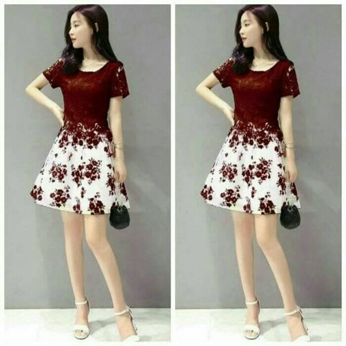 dress daisy GAUN PESTA NATAL MINI BROKAT DRESS REMAJA sincia imlek maroon marun red merah