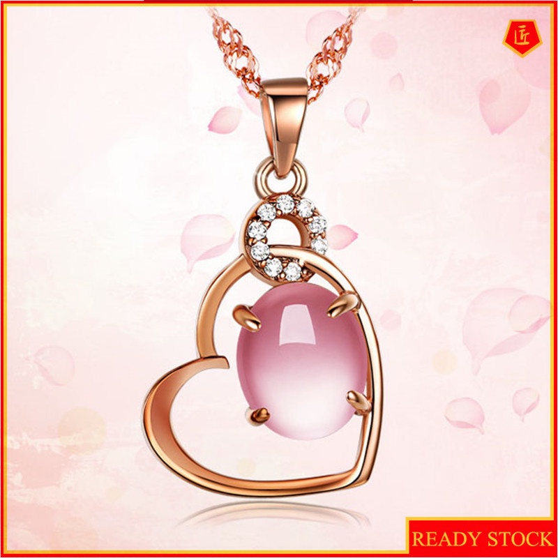 [Ready Stock]Fashion Silver Plated Love Heart Pink Crystal Pendant Necklace