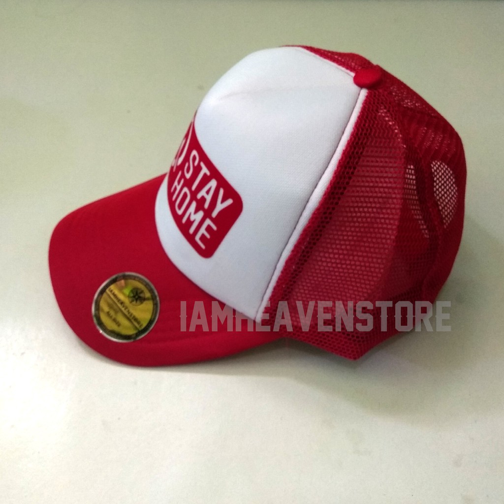 Topi Stay Home Dirumah Aja Trucker Jaring Merah Putih Pria Wanita