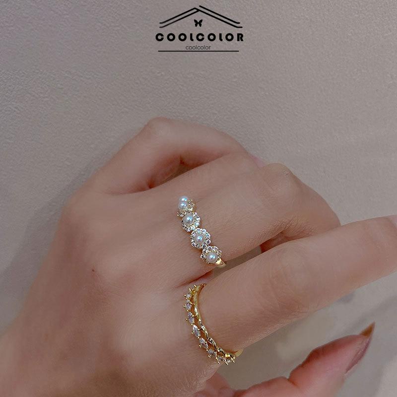 COD❤️Lapisan ganda Perancis berlian mutiara vintage cincin mewah ins Disesuaikan Terbuka  Korea Anti Karat Dan Anti Luntur Fashion Wanita Sederhana Aksesoris