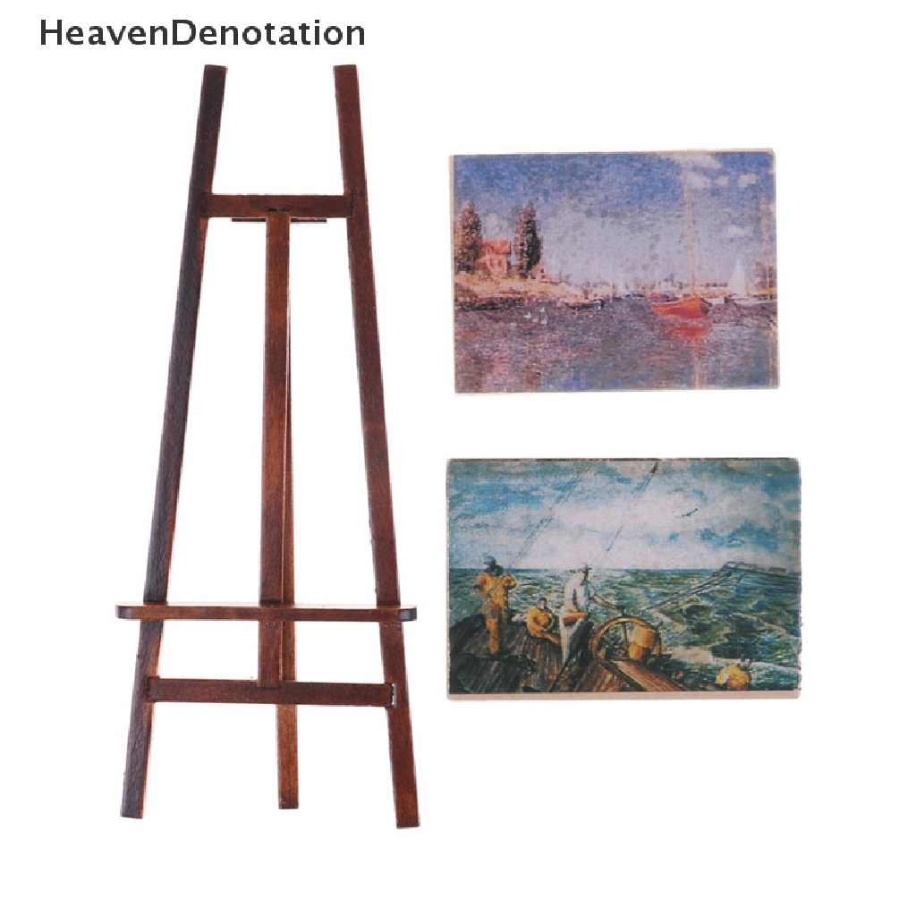 [HeavenDenotation] Dollhouse Miniature Accessory Artist Easel Stand &amp; 2 Wood Paintings Pictures