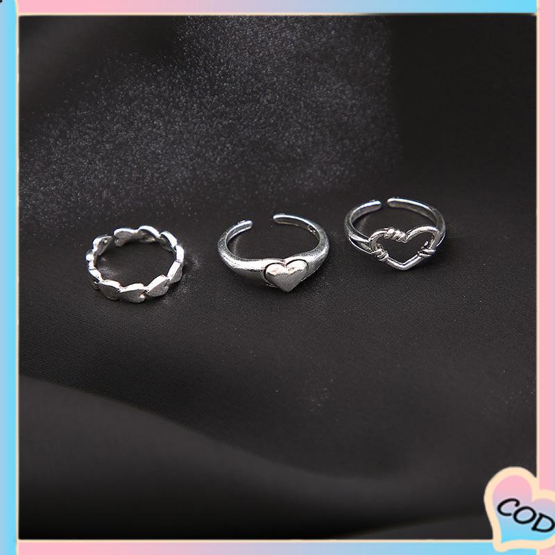 COD❤️3pcs Cincin Model Terbuka Desain Gelombang Hati Warna Silver Gaya Vintage Untuk Wanita-A.one