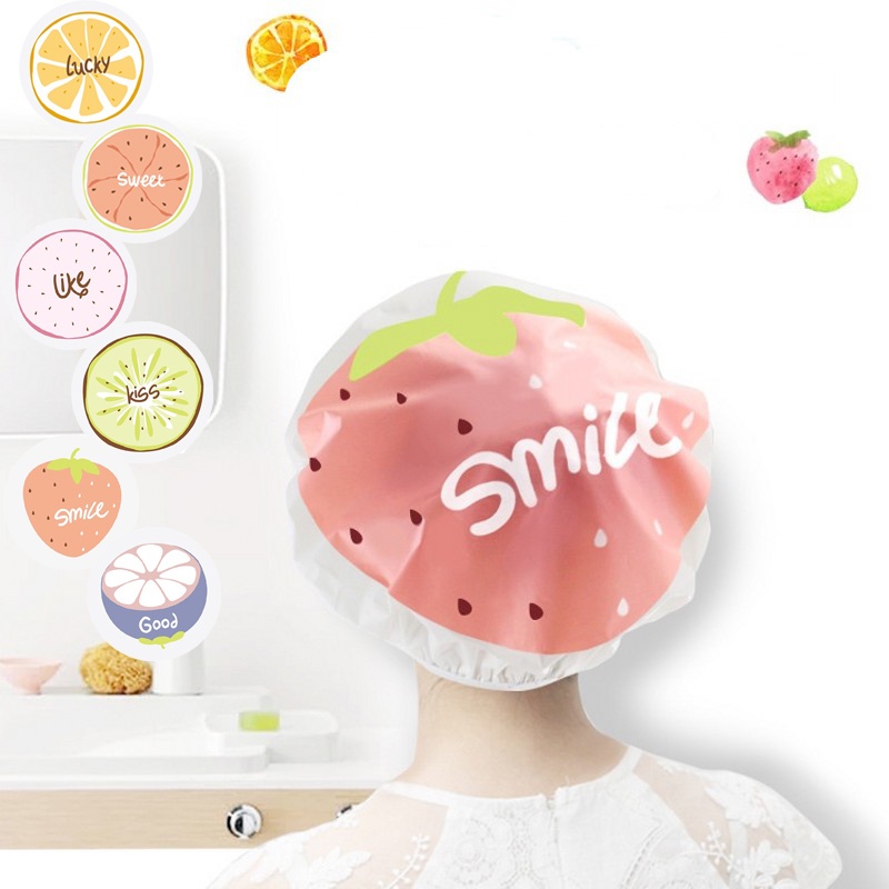 1PC Cute Fruit Women Household Adjustable Elastic Band Shower Cap / Waterproof Plastic Reusable Bath Shower Hat / Bathing Accessories