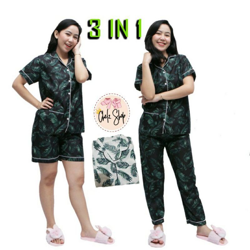 Baju Tidur Piyama Wanita Cewek Pajamas Dewasa Katun Motif Daun 3 in 1