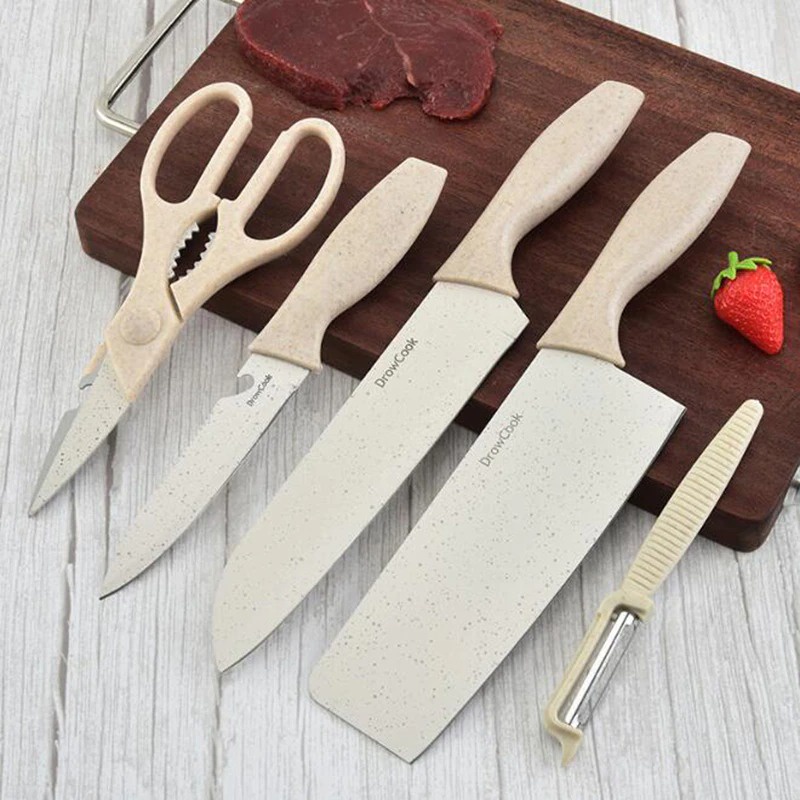 Set Pisau Dapur Pemotong Sayur Peeler Pengupas Buah Gunting Daging Tempat Pisau Stainless Steel Aestethic Berkualitas 6 in 1 Kitchen Knife Set Good Quality