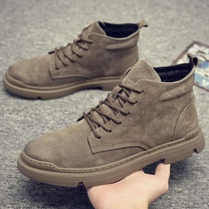 Sepatu boots pria kulit asli import gaya simple B001 - cokelat