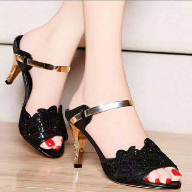 (COD)DIVISHOES HEEL BRUKAT RENDACANTIK PD345 (REALPICT GESER) HITAM LIST GOLD