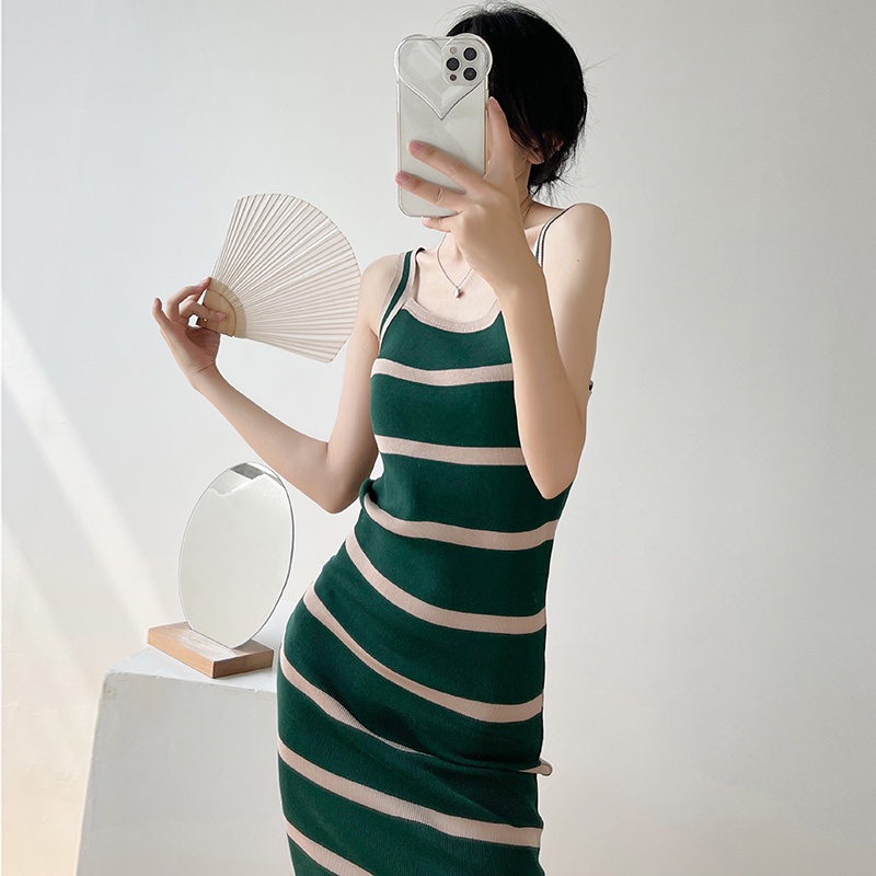 【Elegant】Korean Summer  Sexy Striped Knit Bodycon Midi Dress 7493