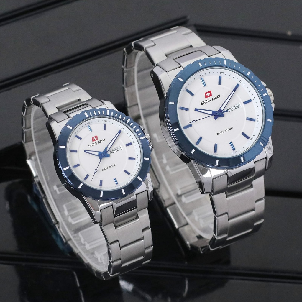 Jam Tangan Couple S62106L Tali Rantai Tanggal Aktif Free Box &amp; Baterai