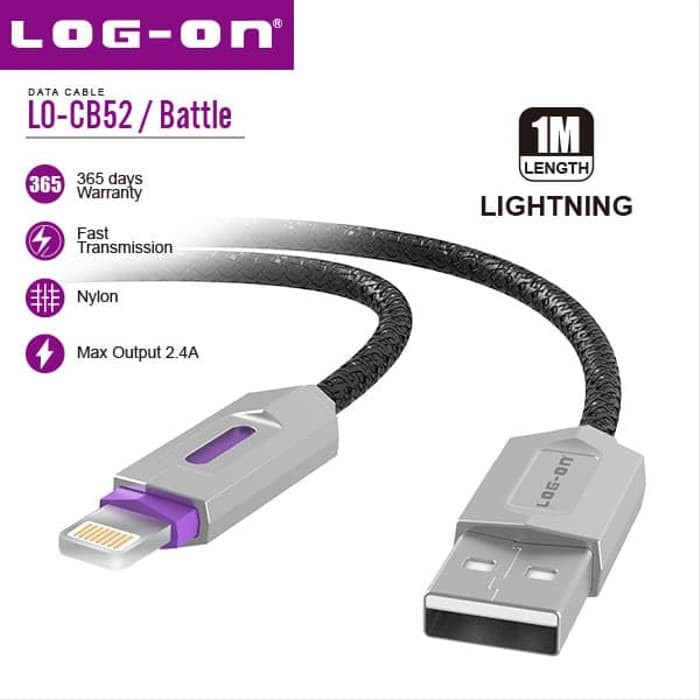 KABEL DATA BATTLE LO-CB52 LIGHTNING -IOS PIN CABLE 2.4A FAST CHARGING LOG ON