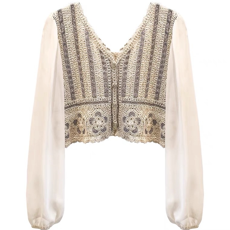 Wanita retro jahitan crochet kemeja sifon putih wanita gaya barat desain niche pendek super peri chi