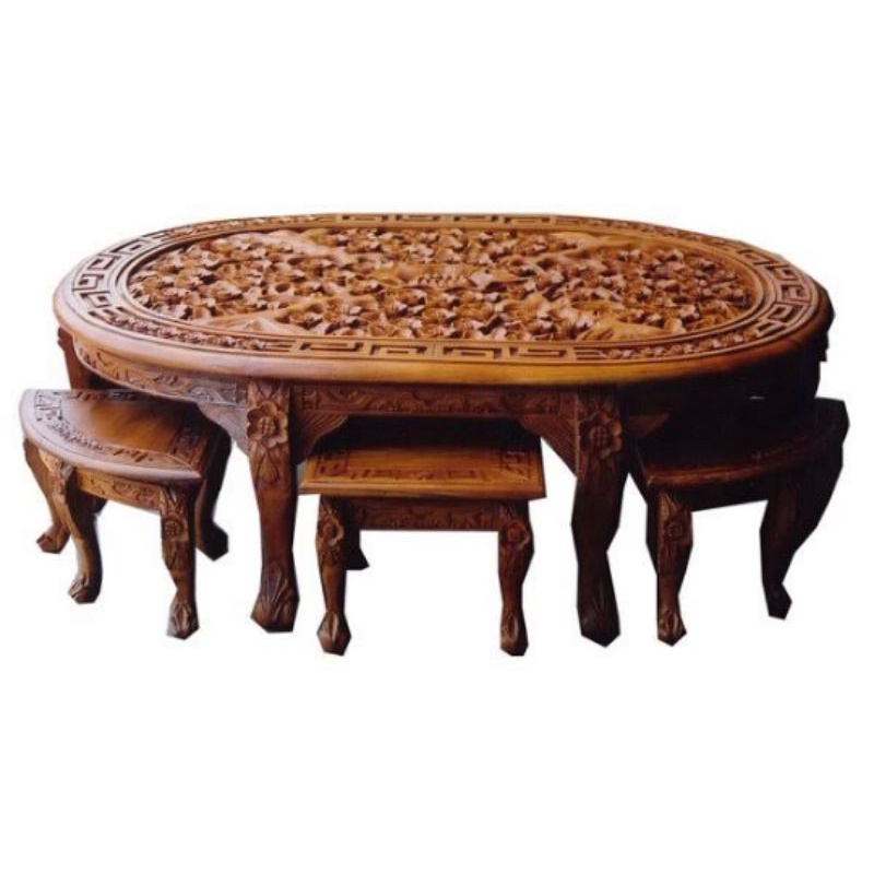 Meja teh oshin kayu jati/meja kopi oshin oval lesehan kayu jati + kaca