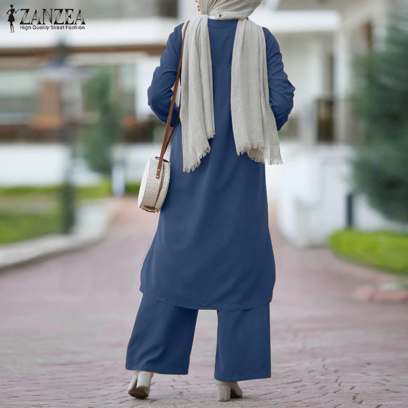 ZANZEA Women Casual Long Sleeve Elastic Waist Front Pockets Muslim Set