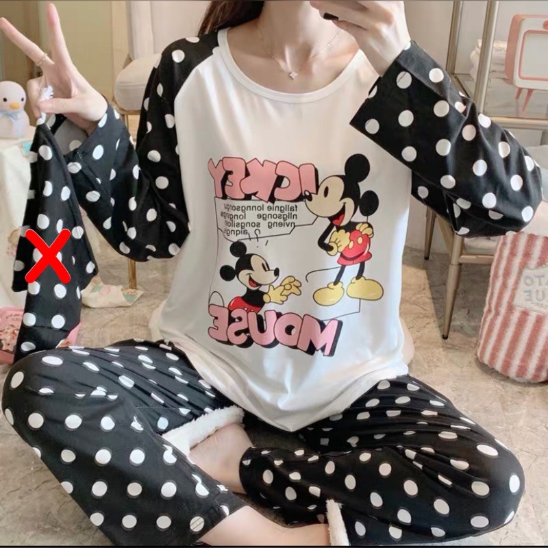 JC- Stelan Import Oversize Premium PP / Stelan piyama import Panjang  / piyama Korea Bigsize Import-Mickey Polka BlackPP