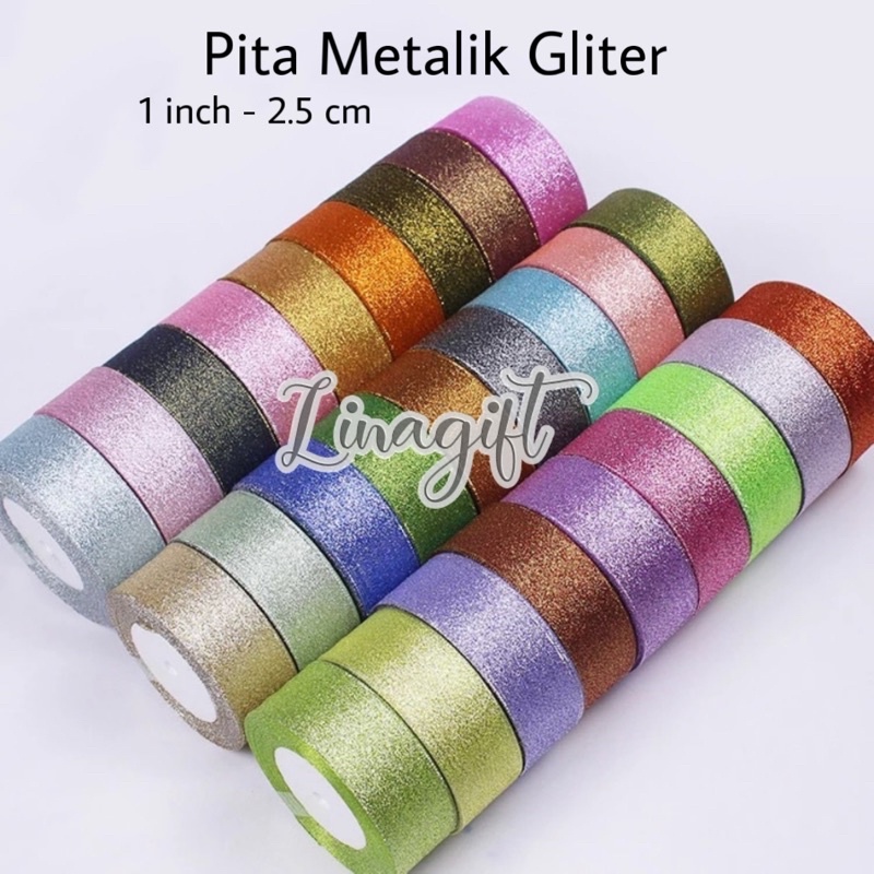 ( 3 Meter ) PITA METALLIC GLITTER  1 IN ( 2.5 CM ) - PITA METALIK GLITER 1 INCH HIASAN KADO NATAL / PARCEL / HAMPERS / SOUVENIR GOODIEBAG RIBBON METALIK GLITER MERAH HIJAU BIRU UNGU / RED PINK BLUE PURPLE BLACK