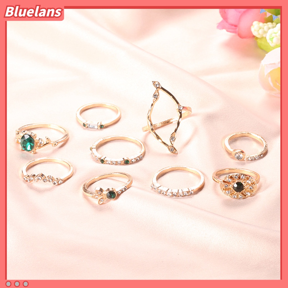 Bluelans 9Pcs / Set Cincin Buku Jari Aneka Bentuk Aksen Berlian Imitasi Untuk Wanita