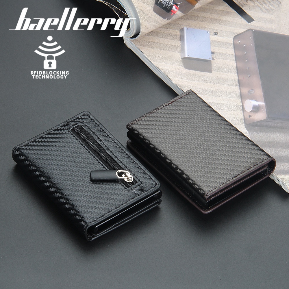 ORIGINAL BAELLERRY K9143 DOMPET KARTU LONTAR RFID DENGAN MAGNET DAN ZIPPER KOIN MOTIF CARBON FIBER