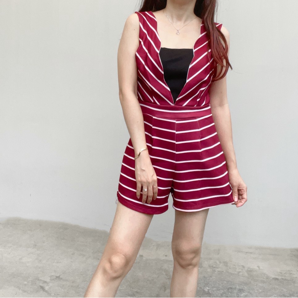 SL292 - Jumpsuit Stripe Celana Pendek Jumpsuit Casual