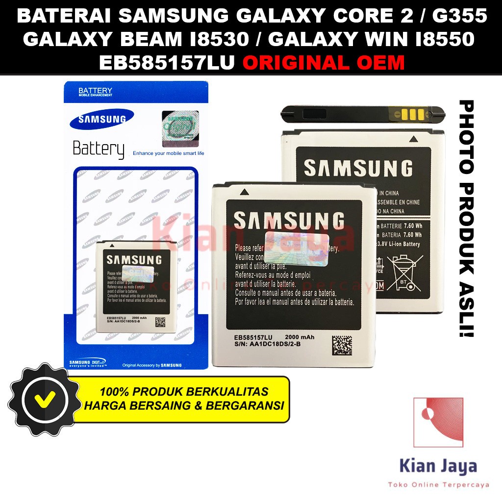 Baterai Samsung Galaxy Core 2 G355 G355H Beam I8530 Win I8550 I8552 Original OEM Batre Batrai Battery Hp EB585157LU Ori